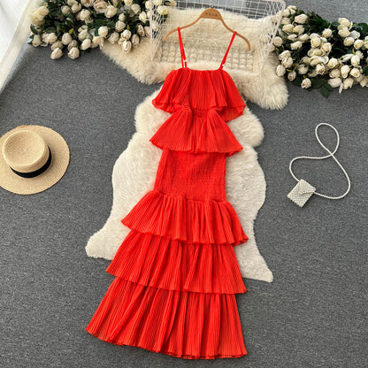 süßes Sommerkleid für Damen aus Chiffon mit Rüschen und Spaghettiträgern P137