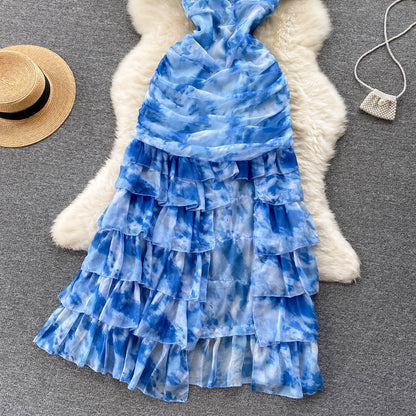 Süßes schulterfreies langes blaues Blumenkleid Damen Urlaubskleid P234