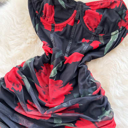Elegantes Spaghetti-Trägerkleid mit langem Blumenmuster und rotem Abendkleid für Damen, P236