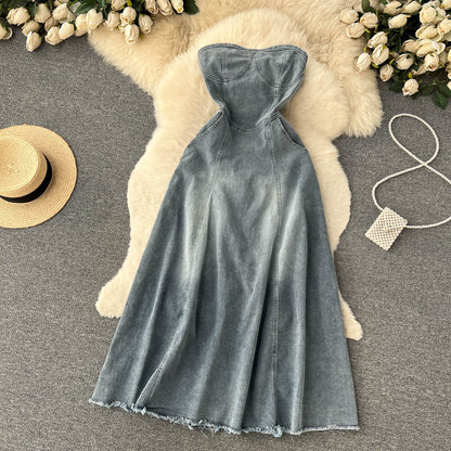 Hot Girl Retro Denimrock Damen A-Linien-Kleid lang P125