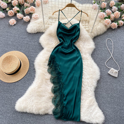 Sexy Spaghettiträger Sommer Spitzen High-Low-Kleid Damenkleid P127