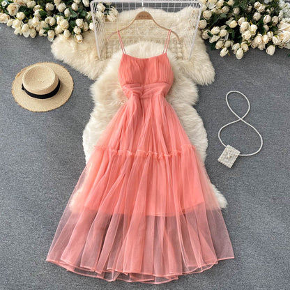 Sexy Trägertüll Rüschenkleid Damen Urlaubs-Kleid P209