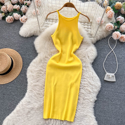 Sexy Spaghetti-Träger Eng anliegendes Strickkleid Damen Urlaubskleid P172