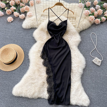 Sexy Spaghettiträger Sommer Spitzen High-Low-Kleid Damenkleid P127
