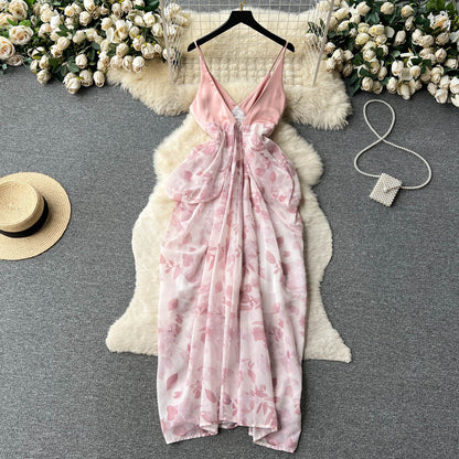 Sexy V-Ausschnitt rückenfreies Kleid Damen Tintenmalerei neue Träger unregelmäßiges Urlaubskleid P238