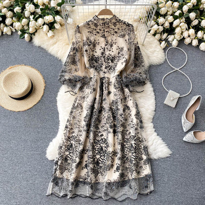 Niedliches Langarm-Spitzenkleid Damenkleid P111