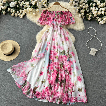 Süßes schulterfreies Kleid mit Schlitz und Blumenmuster für Damen P112