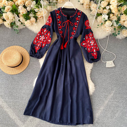 Boho-Kleid mit Stickerei, Rundhals und Ballonärmeln für Damen P083