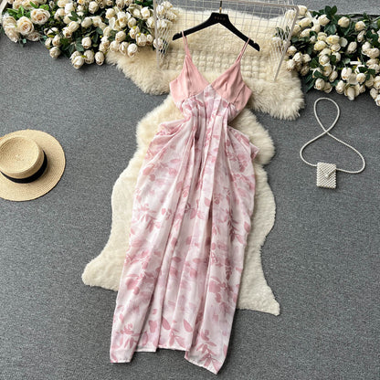 Sexy V-Ausschnitt rückenfreies Kleid Damen Tintenmalerei neue Träger unregelmäßiges Urlaubskleid P238
