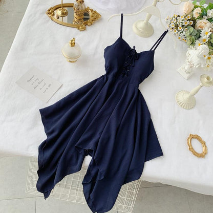 Robe courte sexy pour femme avec fines bretelles et motif irrégulier P133