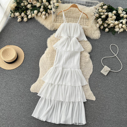 süßes Sommerkleid für Damen aus Chiffon mit Rüschen und Spaghettiträgern P137