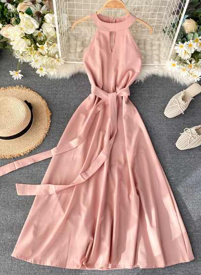Pinkes Chiffon-Neckholderkleid in A-Linie Sommerkleid 047
