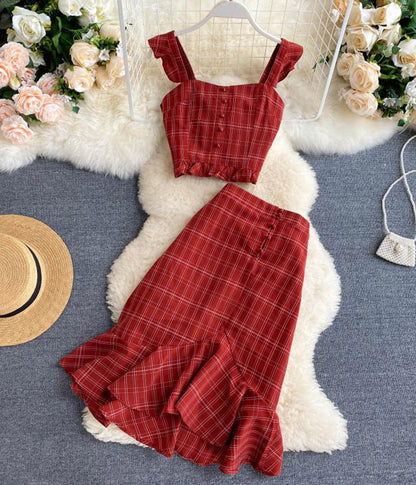 Robe d'été élégante et fine en deux pièces à motif treillis 071