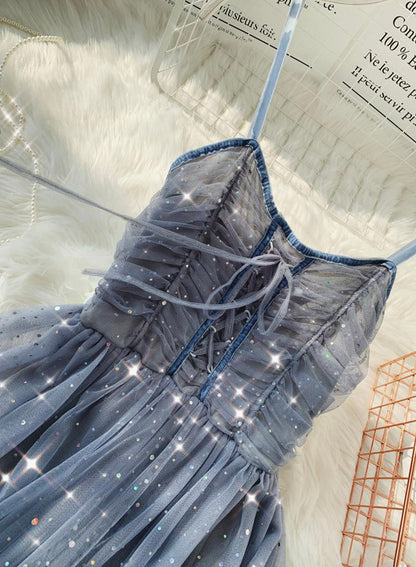 A-Linien Tüll Pailletten Kleid Sommerkleid 044