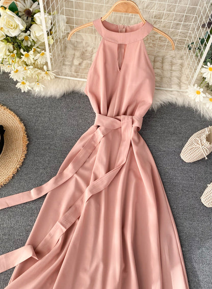 Pinkes Chiffon-Neckholderkleid in A-Linie Sommerkleid 047