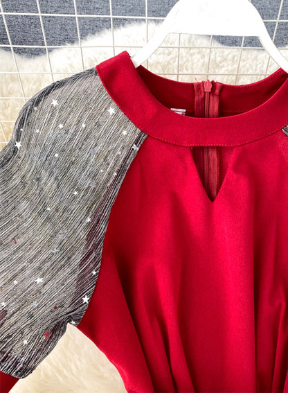 Robe trapèze unique à col rond avec épissure et manches courtes, robe tendance 048
