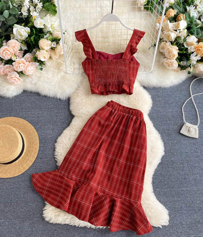 Robe d'été élégante et fine en deux pièces à motif treillis 071