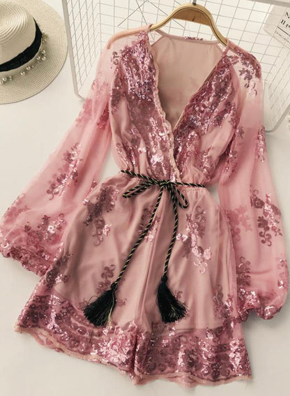 Ein langärmeliges Pailletten-Kleid mit V-Ausschnitt in A-Linie 049