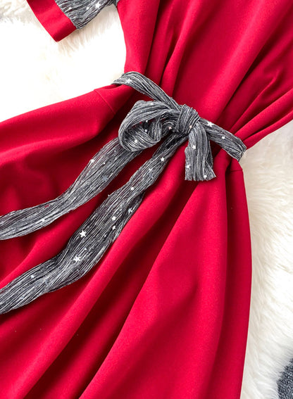 Robe trapèze unique à col rond avec épissure et manches courtes, robe tendance 048