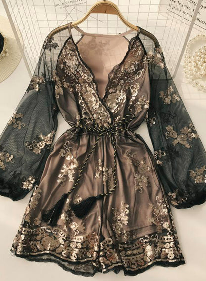 Ein langärmeliges Pailletten-Kleid mit V-Ausschnitt in A-Linie 049