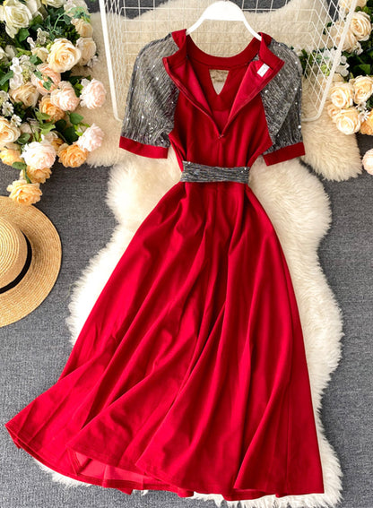 Robe trapèze unique à col rond avec épissure et manches courtes, robe tendance 048