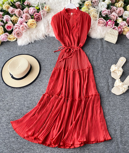 Einfaches ärmelloses V-Ausschnitt-Kleid 051